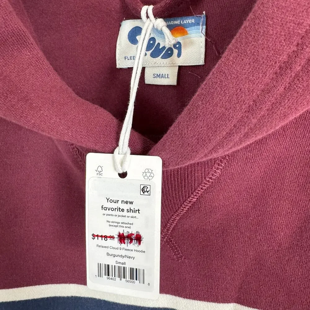 Marine Layer Relaxed Cloud 9 Fleece Burgundy Navy Hoodie Small NEW Color Block